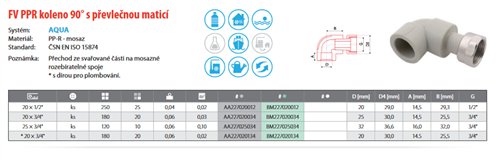 FV Plast-PPR koleno 90° přechodka s PM 20x3/4"
