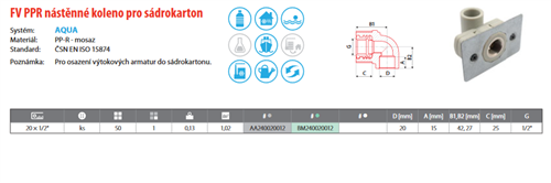 FV Plast-PPR Nástěnné koleno pro sádrokarton d 20