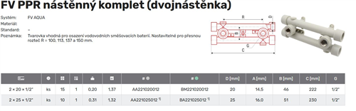 FV Plast-PPR nástěnný komplet 2x20x1/2"