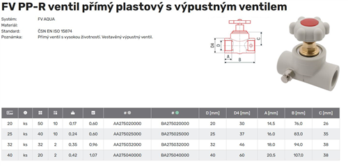 FV Plast-PPR ventil přímý s vypouštěním 20