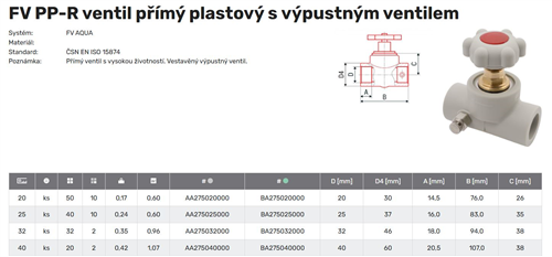 FV Plast-PPR Ventil přímý s vypouštěním 40